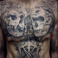 Gray washed style black ink chest tattoo of monkey skulls with lettering and DNA