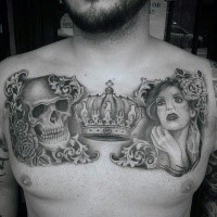Gray washed style chest tattoo of skull with woman and crown