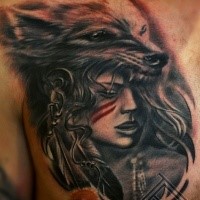 Gray washed style colored chest tattoo of woman with wolf helmet