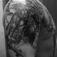Gray washed style colored shoulder tattoo of werewolf warrior with chained sword