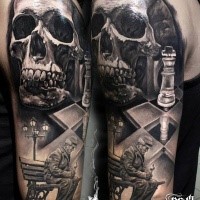 Gray washed style colored shoulder tattoo of human skull with chess player