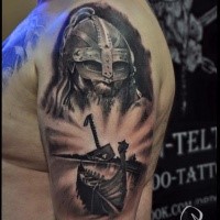 Gray washed style colored shoulder tattoo of medieval warrior with boat
