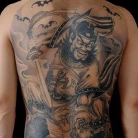 Gray washed style colored whole back tattoo of demonic warrior and bats