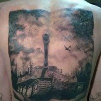 Gray washed style colored whole back tattoo of WW2 Tiger tank and planes