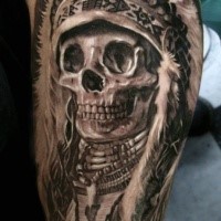 Gray washed style detailed biceps tattoo of Indian skeleton