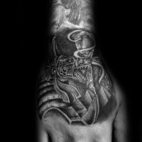 Gray washed style detailed hand tattoo of evil Egypt God