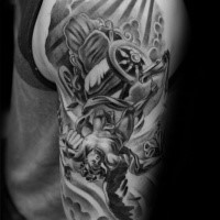 Gray washed style detailed shoulder tattoo of Icarus with with sun