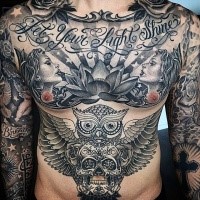 Gray washed style large awesome looking whole chest and belly tattoo with lettering