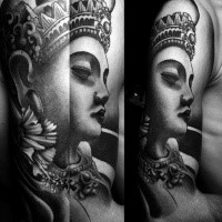 Gray washed style large half sleeve tattoo of Buddha statue