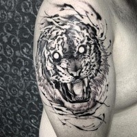 Gray washed style medium size shoulder tattoo of evil roaring tiger