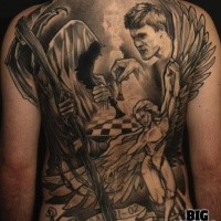Gray washed style religious themed back tattoo