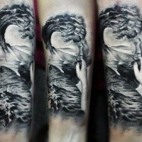 Gray washed style tattoo of woman stylized with road