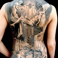 Gray washed style very detailed whole back tattoo of mystical woman with stairs and clock