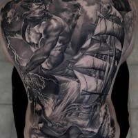 Gray washed style very detailed whole back tattoo of sailing ship with ocean God