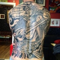 Gray washed style whole back tattoo of Asian warrior with sword, geisha and dragon