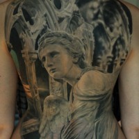 Great angel statue tattoo on back