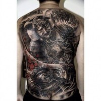 Great battle of two samurai tattoo on back by Hailin Fu