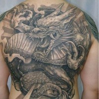 Great black gray japanese dragon tattoo on back