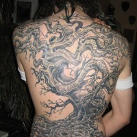 Great black tree tattoo on whole back