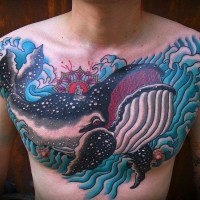 Great blue whale on chest by Sany Kim