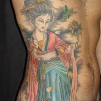 Great colored geisha with flower tattoo on ribs
