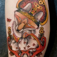 Great colored Russian style fox tattoo with flowers on leg