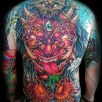 Great colorful demon tattoo on whole back