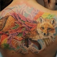 Great colorful fox tattoo on back