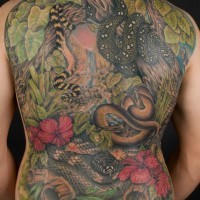Colorful snakes in forest  tattoo on whole back