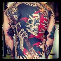Great coloured death tattoo on whole back by chriss dettmer
