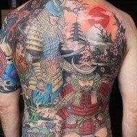 Great coloured japanese samurais tattoo on back