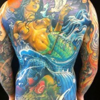 Großes farbiges Tattoo mit Meerjungfrau von James Tex