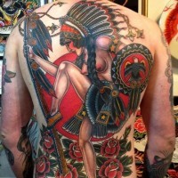 Great coloured native american girl warrior tattoo on back by Valerie Vargas