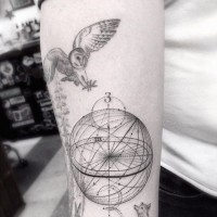 Great designed scientific style black ink big globe with animals tattoo on arm