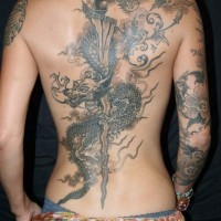 Great dragon and sword tattoo on back