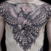 Great flying owl with skull and masonic symbols tattoo on chest