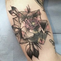 Great painted black and white little rose tattoo on arm