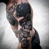 Great painted black and white pirate skeleton tattoo on arm and chest