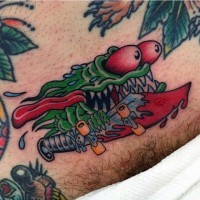 Great painted little cartoon colored monster with bloody knife tattoo on leg