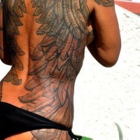 Great painted very detailed angel wings tattoo on whole back and thigh