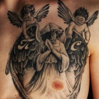 Great praying angel and two cherubs tattoo on chest