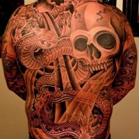 Great skull with snake tattoo on whole back