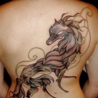 Great stylized black wolf tattoo on back