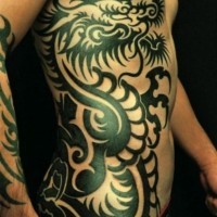 Great tribal black dragon tattoo on ribs