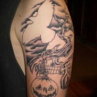 Great uncolored mystical cemetery tattoo with big bird on shoulder