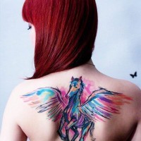 Great watercolor  horse tattoo on back