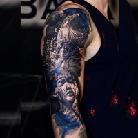 Great woman and bird tattoo in black white and blue colors
