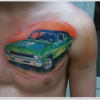Green car with skull tattoo on chest