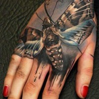 Tatuaje en la mano,  polilla impresionante muy realista