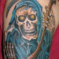 Grim reaper in a blue shroud tattoo